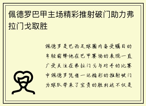 佩德罗巴甲主场精彩推射破门助力弗拉门戈取胜