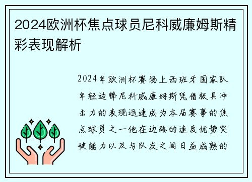 2024欧洲杯焦点球员尼科威廉姆斯精彩表现解析